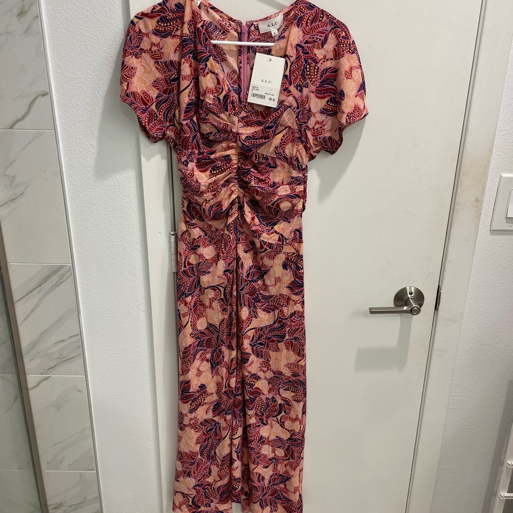A.L.C. Elodie Silk Blend Midi Dress Floral Ruched Short Sleeve Size 0 NWT